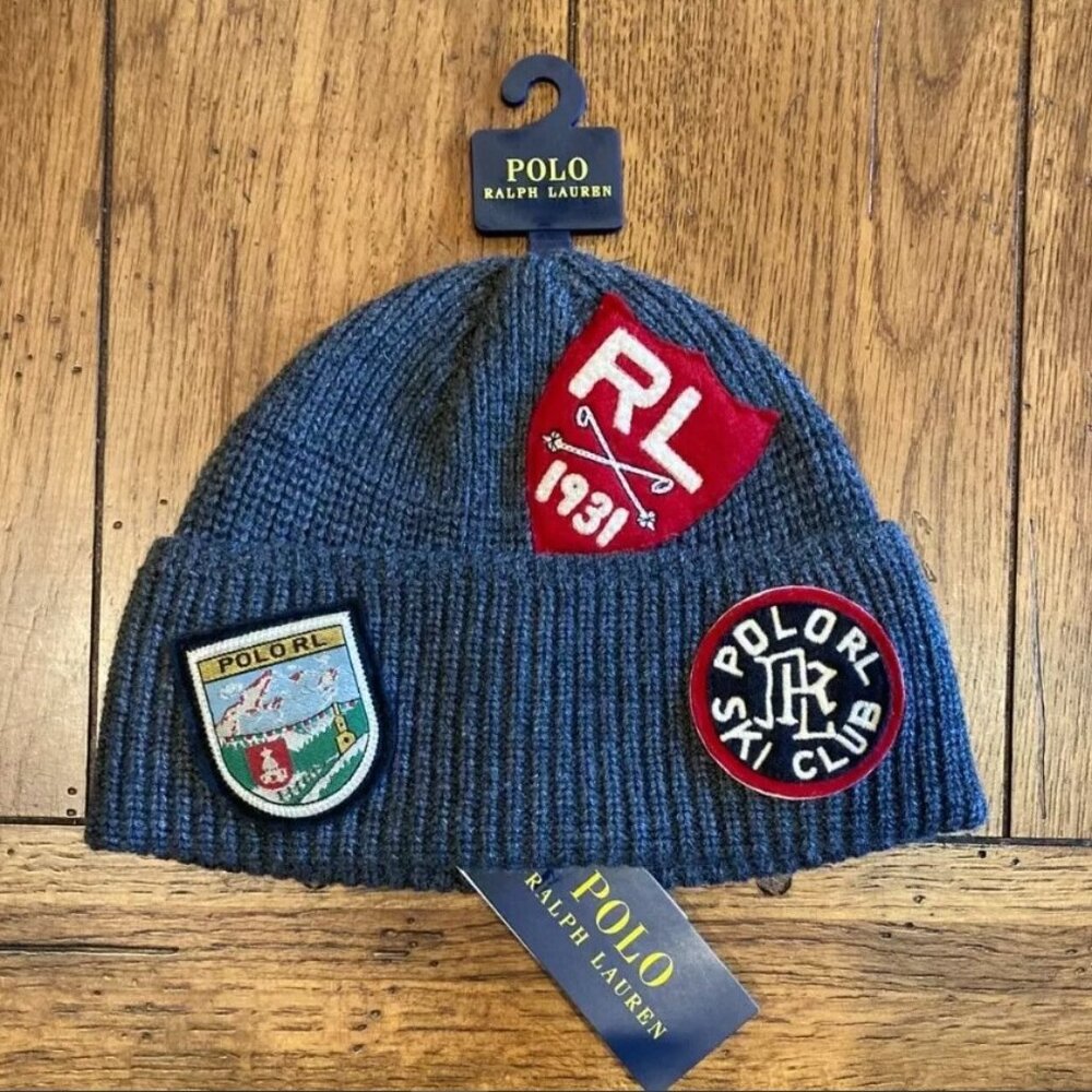 Polo Ralph Lauren Men's Naval Beanie Gray RL Ski Club Patches NWT